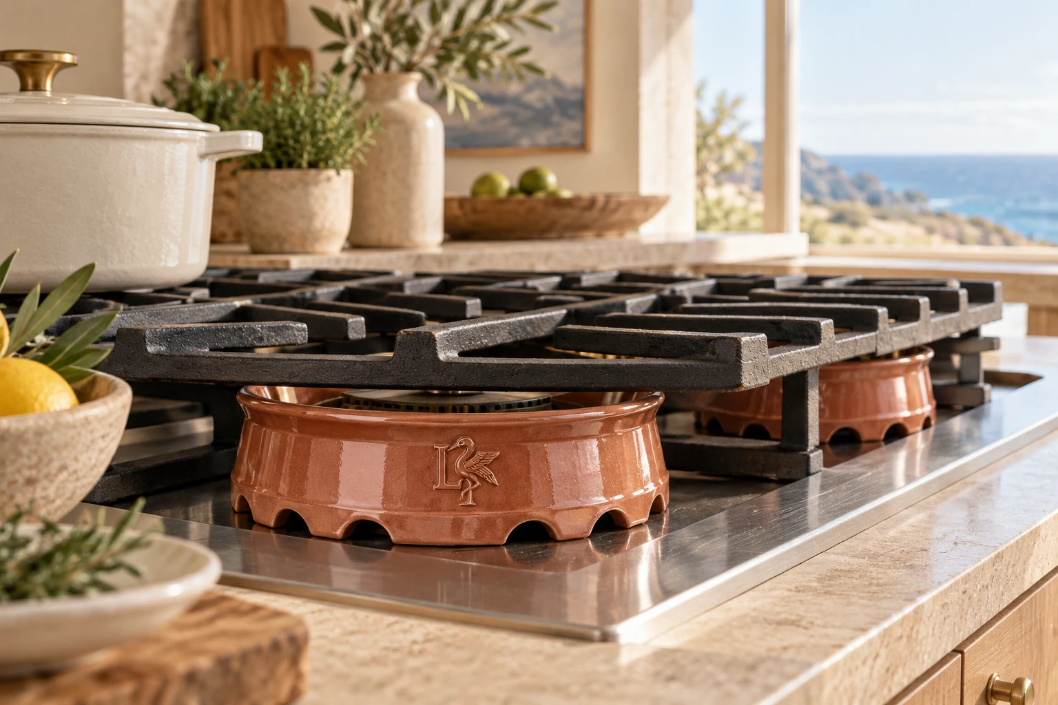 Bright coastal kitchen with clay Le Krohn Crowns